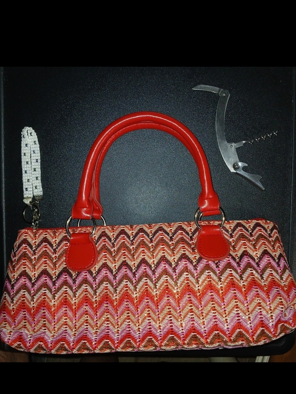 Red Multicolor Woven Top Handle Women's Insulated Wine Bag With Cork Screw Tool